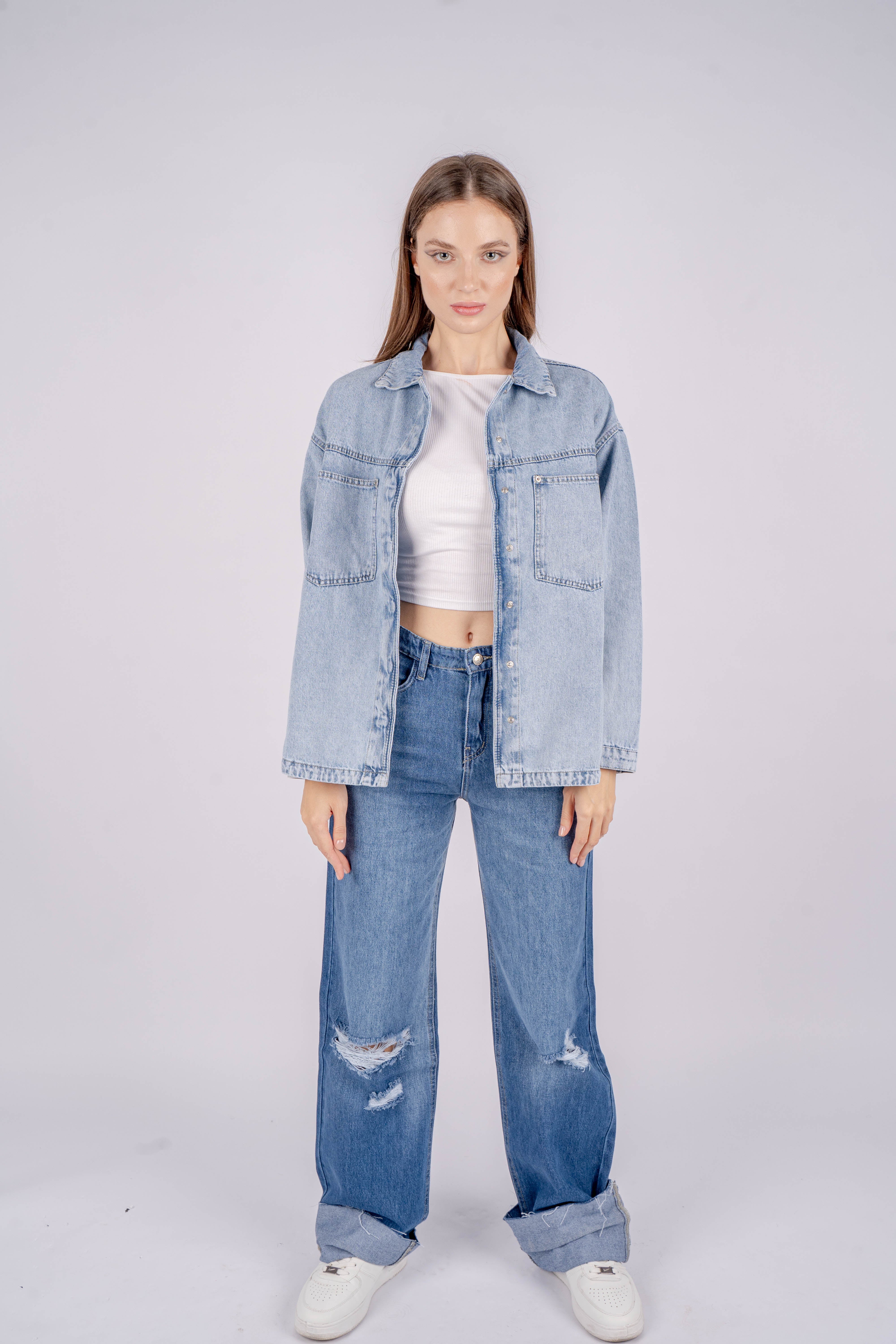 High-Waist Medium Wash Ripped Long Straight Leg Jeans