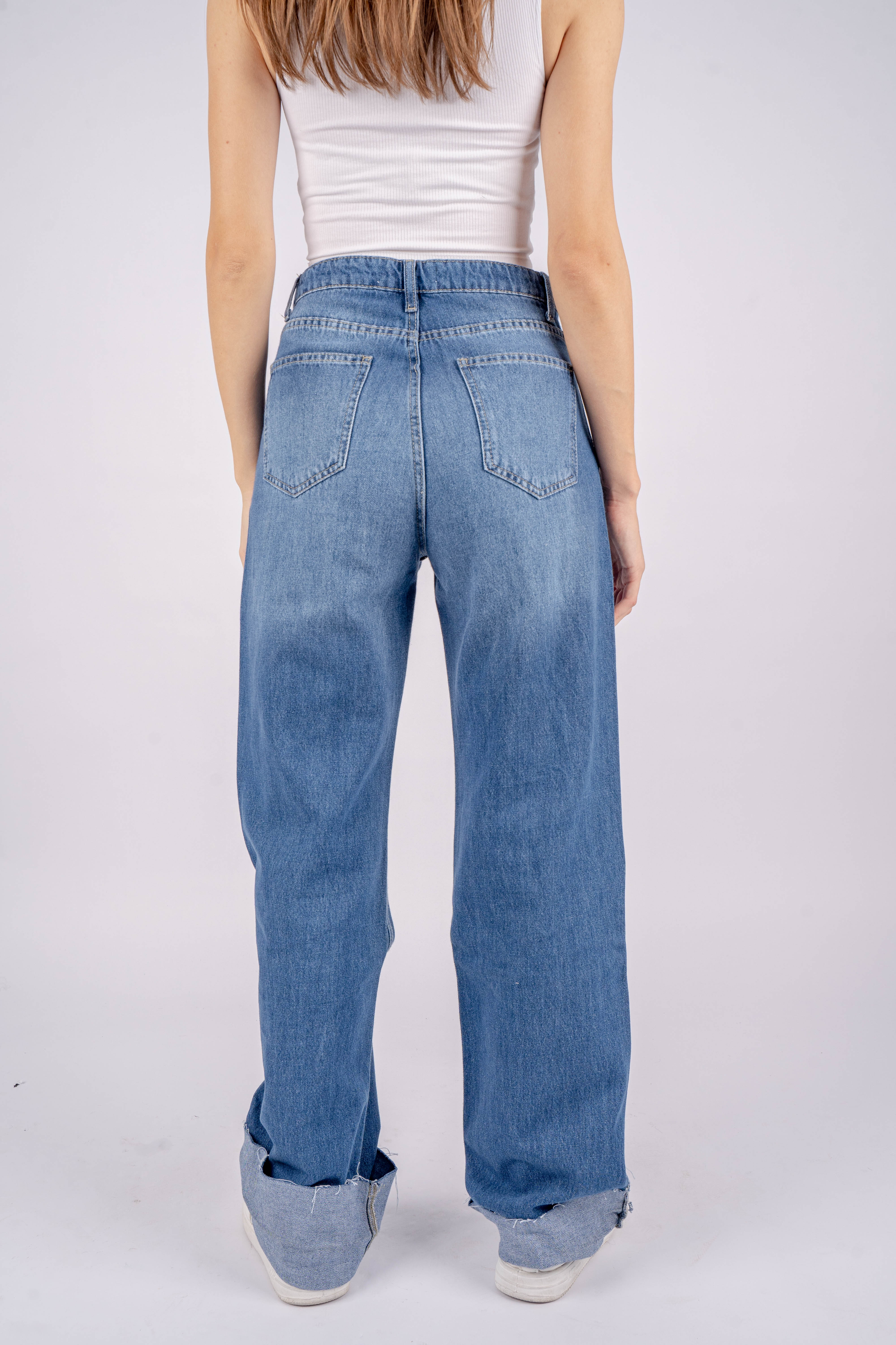 High-Waist Medium Wash Ripped Long Straight Leg Jeans