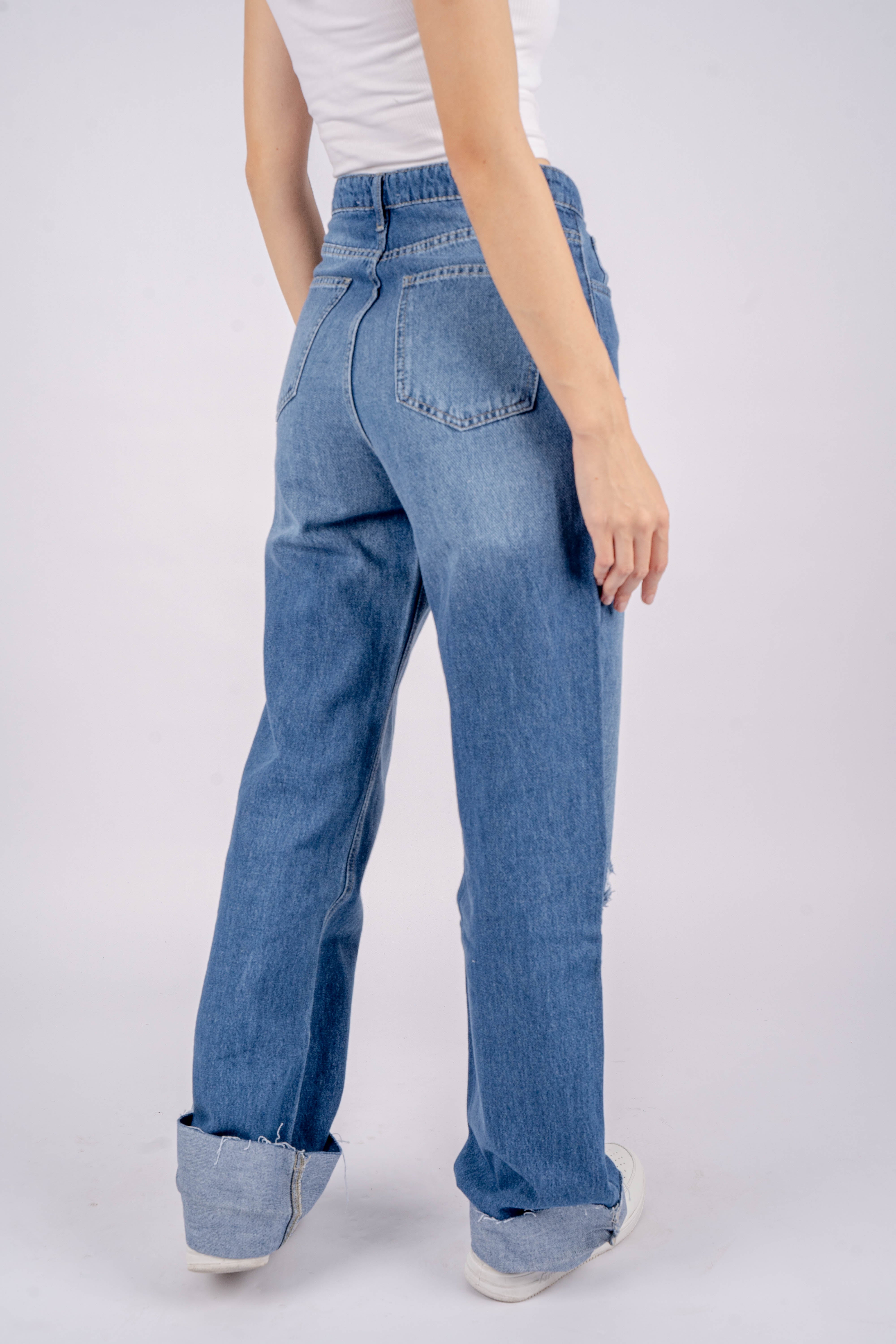 High-Waist Medium Wash Ripped Long Straight Leg Jeans