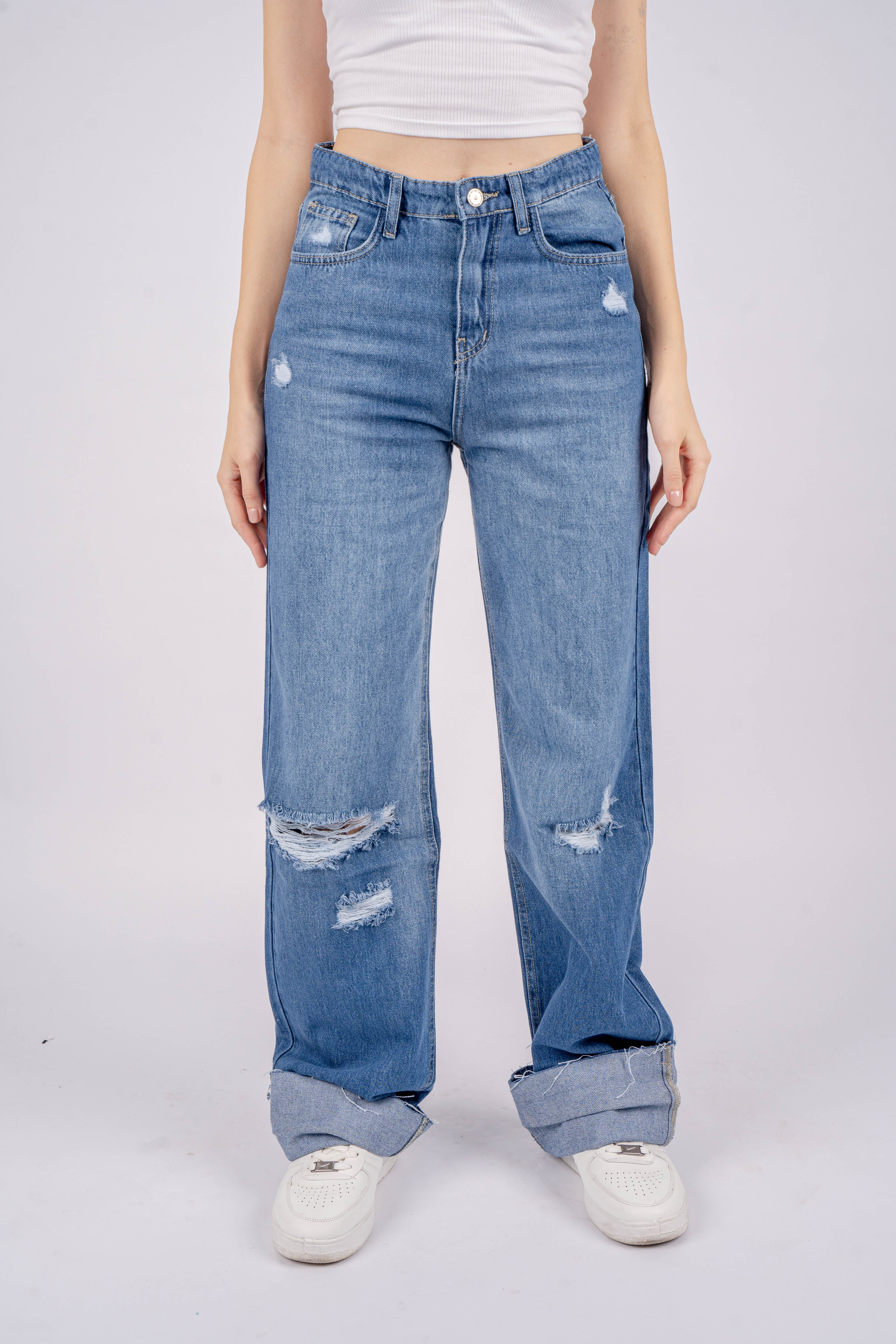 High-Waist Medium Wash Ripped Long Straight Leg Jeans